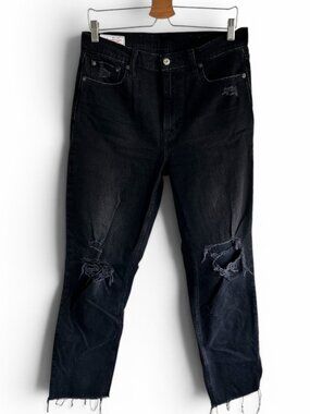 GAP Black Cheeky Straight High Rise Jeans Distressed Raw Hem Size 30